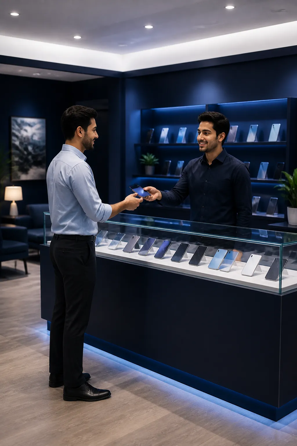 Friendly staff at Jay Jalaram Mobile Shop helping a customer choose a smartphone